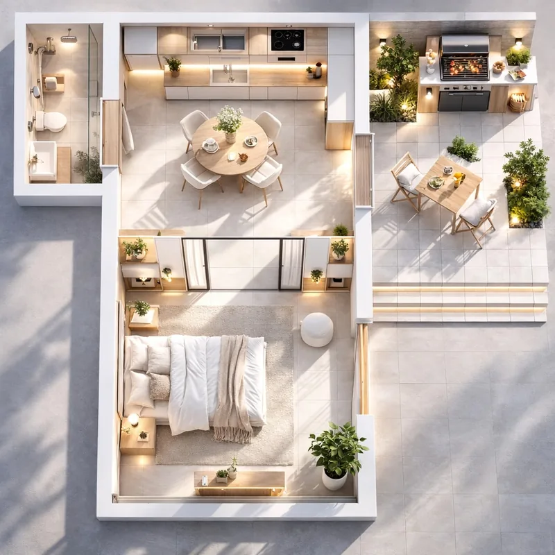Additional high-resolution view of the 45 m² fireplace apartment with outdoor BBQ area