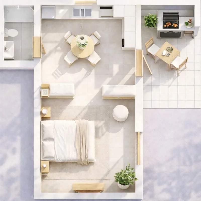 High-resolution 3D layout of the 45 m² ground-floor apartment with private BBQ area and fireplace