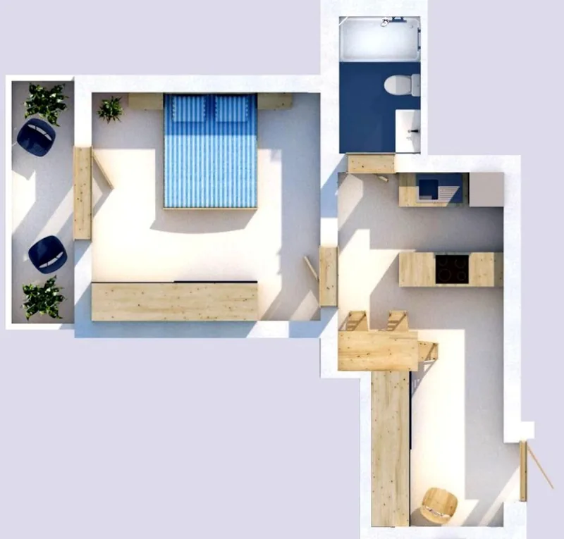 50 m² 1+1 apartment, floor 1, balcony layout view 1