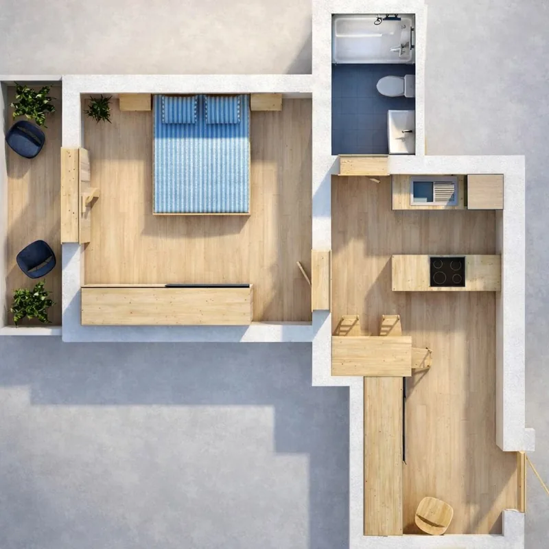 50 m² 1+1 apartment, floor 1, balcony layout view 2