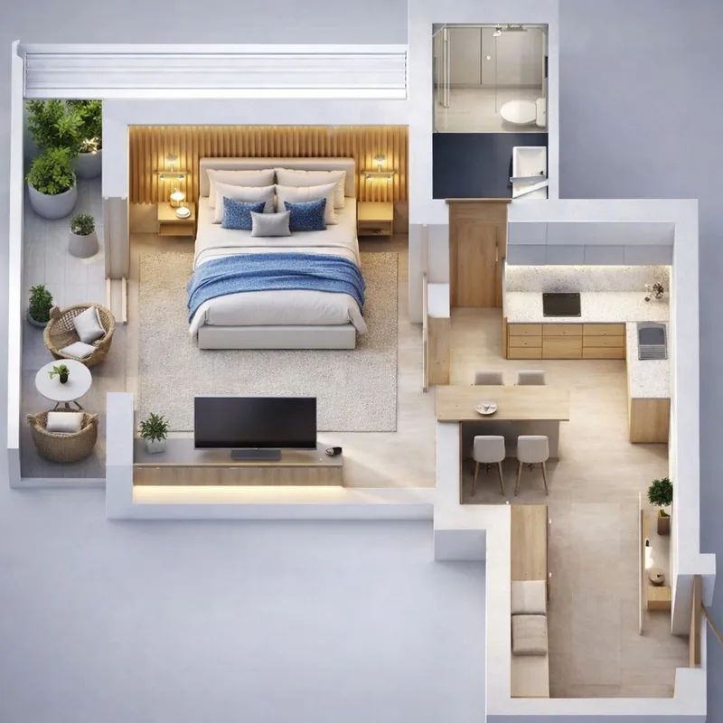 50 m² 1+1 apartment, floor 1, balcony layout view 3