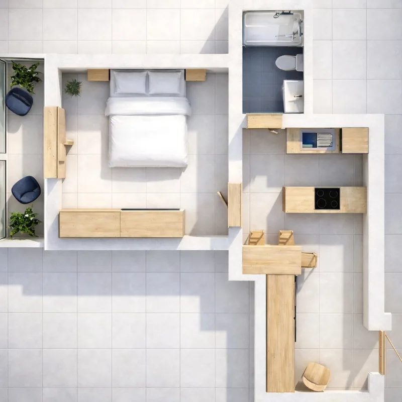 50 m² 1+1 apartment, floor 1, balcony layout view 4