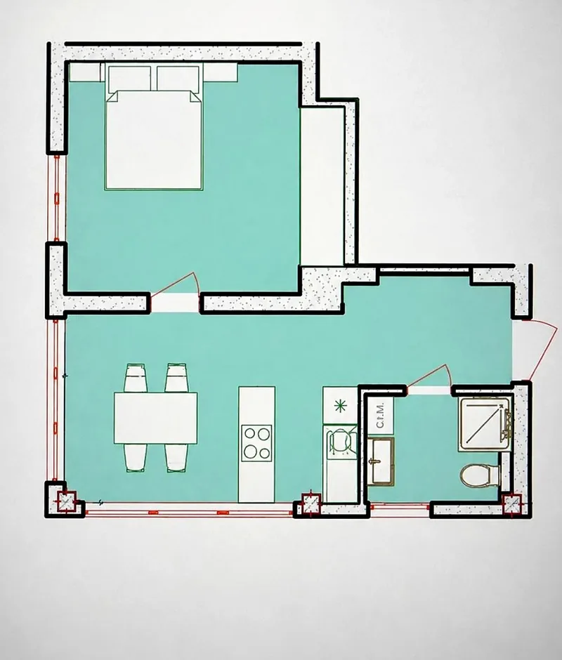 52 m² ground-floor apartment plan with panoramic windows